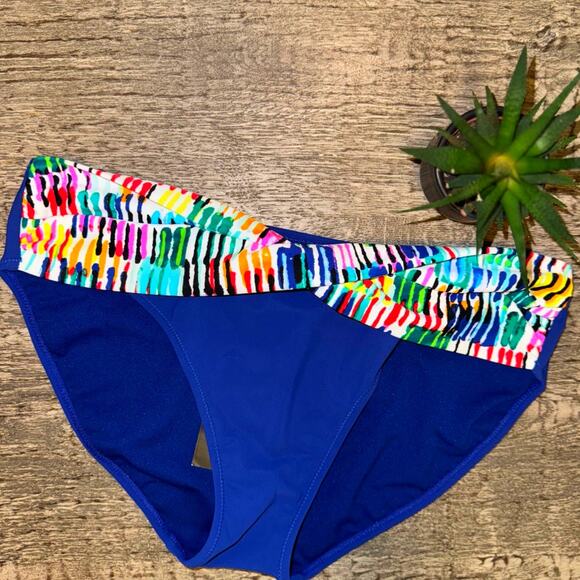 Gottex Blue ColorPop Ruched Retro Bikini Bottom Sz10 Twist Front Geometric Trim - Picture 1 of 3